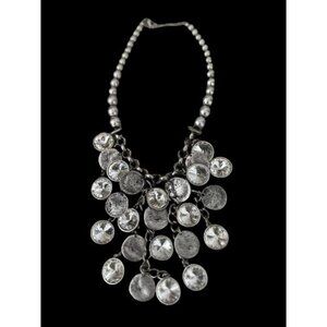 Vintage VCLM Necklace Silver Tone Crystals & Hammered Disks 14" Drop